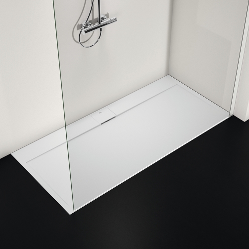 Immagine di Ideal Standard ULTRA FLAT S I.LIFE piatto doccia rettangolare L.170 P.80 cm, antiscivolo e con scarico nascosto sul lato lungo, in IdealSolid+, effetto pietra, colore bianco finitura opaco T5238FR
