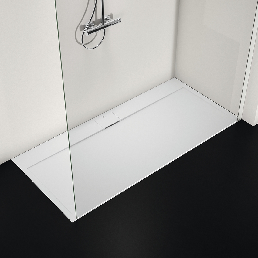Immagine di Ideal Standard ULTRA FLAT S I.LIFE piatto doccia rettangolare L.170 P.80 cm, antiscivolo e con scarico nascosto sul lato lungo, in IdealSolid+, effetto pietra, colore bianco finitura opaco T5238FR