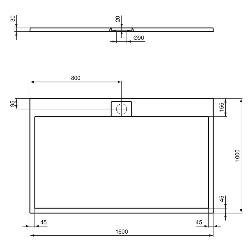 Immagine di Ideal Standard ULTRA FLAT S I.LIFE piatto doccia rettangolare L.160 P.100 cm, antiscivolo e con scarico nascosto sul lato lungo, in IdealSolid+, effetto pietra, colore bianco finitura opaco T5232FR