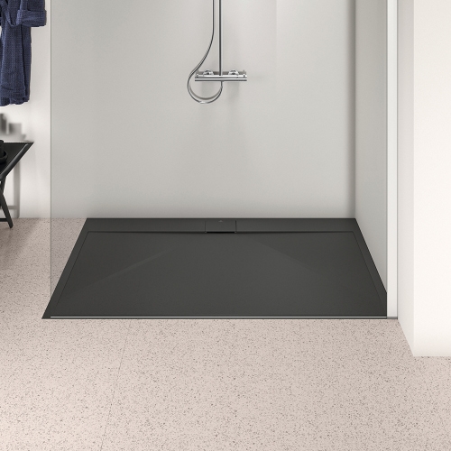 Immagine di Ideal Standard ULTRA FLAT S I.LIFE piatto doccia rettangolare L.160 P.100 cm, antiscivolo e con scarico nascosto sul lato lungo, in IdealSolid+, effetto pietra, colore nero finitura opaco T5232FV