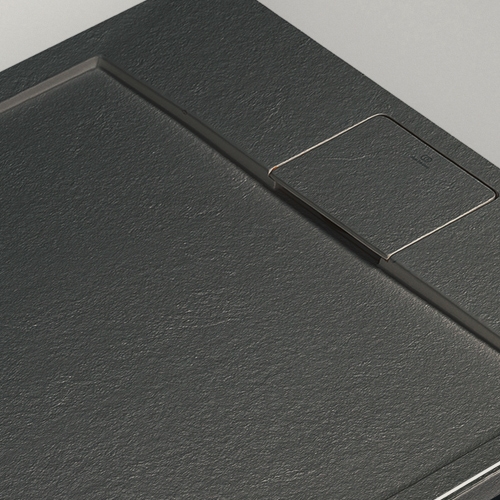 Immagine di Ideal Standard ULTRA FLAT S I.LIFE piatto doccia rettangolare L.160 P.100 cm, antiscivolo e con scarico nascosto sul lato lungo, in IdealSolid+, effetto pietra, colore nero finitura opaco T5232FV