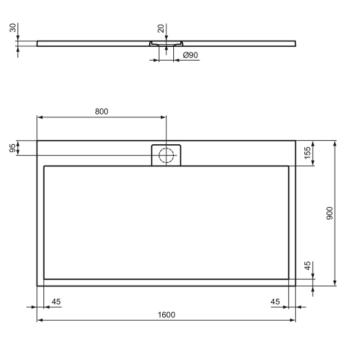 Immagine di Ideal Standard ULTRA FLAT S I.LIFE piatto doccia rettangolare L.160 P.90 cm, antiscivolo e con scarico nascosto sul lato lungo, in IdealSolid+, effetto pietra, colore bianco finitura opaco T5226FR