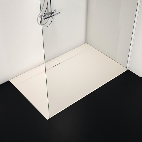 Immagine di Ideal Standard ULTRA FLAT S I.LIFE piatto doccia rettangolare L.140 P.90 cm, antiscivolo e con scarico nascosto sul lato lungo, in IdealSolid+, effetto pietra, colore sabbia finitura opaco T5222FT