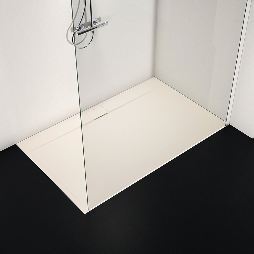 Immagine di Ideal Standard ULTRA FLAT S I.LIFE piatto doccia rettangolare L.140 P.80 cm, antiscivolo e con scarico nascosto sul lato lungo, in IdealSolid+, effetto pietra, colore sabbia finitura opaco T5224FT