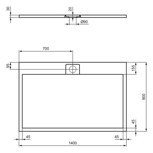 Immagine di Ideal Standard ULTRA FLAT S I.LIFE piatto doccia rettangolare L.140 P.90 cm, antiscivolo e con scarico nascosto sul lato lungo, in IdealSolid+, effetto pietra, colore bianco finitura opaco T5222FR