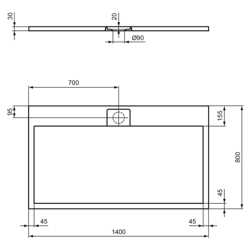 Immagine di Ideal Standard ULTRA FLAT S I.LIFE piatto doccia rettangolare L.140 P.80 cm, antiscivolo e con scarico nascosto sul lato lungo, in IdealSolid+, effetto pietra, colore sabbia finitura opaco T5224FT