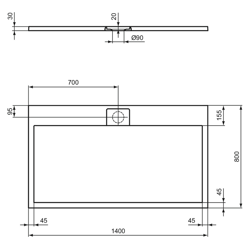 Immagine di Ideal Standard ULTRA FLAT S I.LIFE piatto doccia rettangolare L.140 P.80 cm, antiscivolo e con scarico nascosto sul lato lungo, in IdealSolid+, effetto pietra, colore sabbia finitura opaco T5224FT