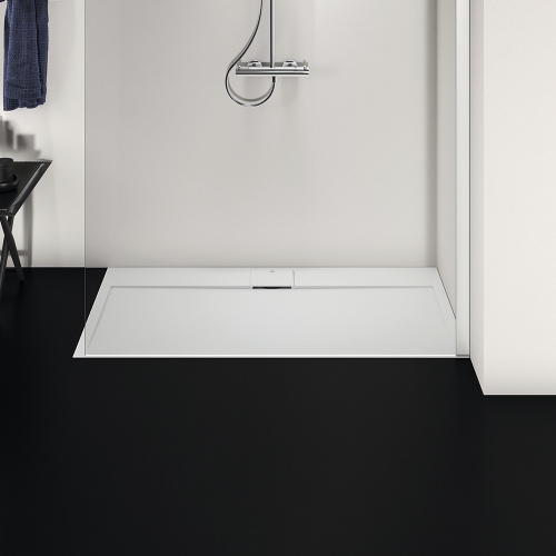 Immagine di Ideal Standard ULTRA FLAT S I.LIFE piatto doccia rettangolare L.140 P.70 cm, antiscivolo e con scarico nascosto sul lato lungo, in IdealSolid+, effetto pietra, colore bianco finitura opaco T5241FR