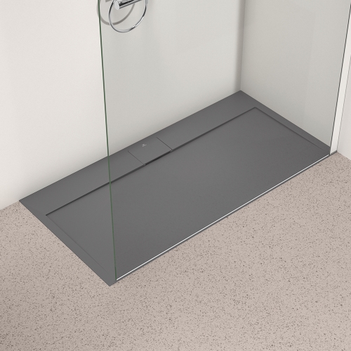 Immagine di Ideal Standard ULTRA FLAT S I.LIFE piatto doccia rettangolare L.140 P.70 cm, antiscivolo e con scarico nascosto sul lato lungo, in IdealSolid+, effetto pietra, colore grigio cemento finitura opaco T5241FS