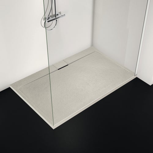 Immagine di Ideal Standard ULTRA FLAT S I.LIFE piatto doccia rettangolare L.140 P.70 cm, antiscivolo e con scarico nascosto sul lato lungo, in IdealSolid+, effetto pietra, colore sabbia finitura opaco T5241FT