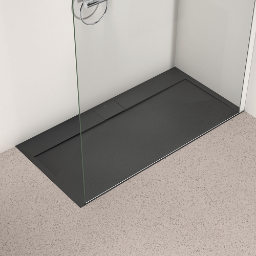 Immagine di Ideal Standard ULTRA FLAT S I.LIFE piatto doccia rettangolare L.140 P.70 cm, antiscivolo e con scarico nascosto sul lato lungo, in IdealSolid+, effetto pietra, colore nero finitura opaco T5241FV