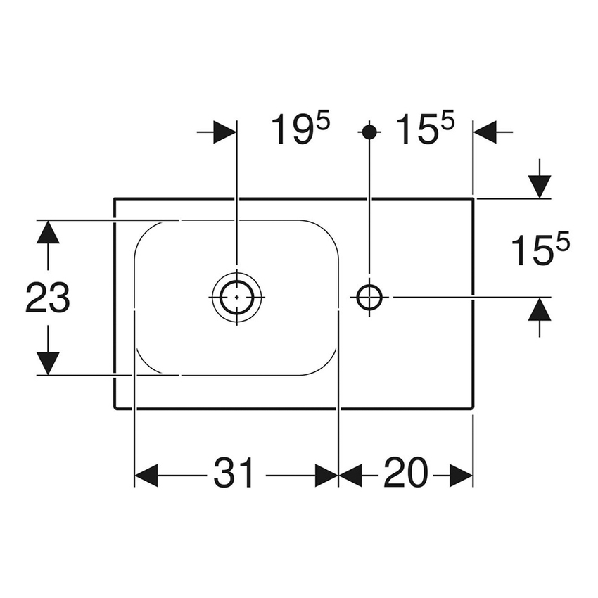 Immagine di Geberit ICON LIGHT lavamani sospeso L.53 cm, con foro rubinetteria a destra, senza troppopieno, colore bianco finitura lucido 501.832.00.1