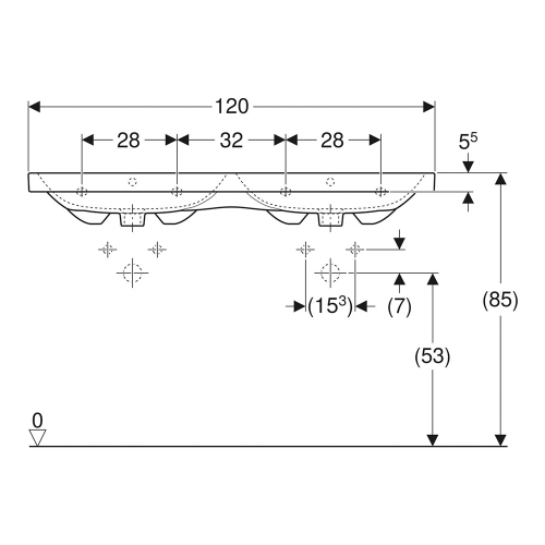 Immagine di Geberit ICON LIGHT lavabo doppio L.120 cm, con foro rubinetteria e troppopieno, colore bianco finitura lucido 501.838.00.1