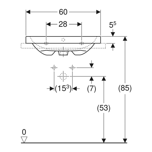 Immagine di Geberit ICON LIGHT lavabo da appoggio L.60 cm, con foro rubinetteria e troppopieno, lato inferiore e posteriore rettificato, colore bianco finitura lucido 501.847.00.1