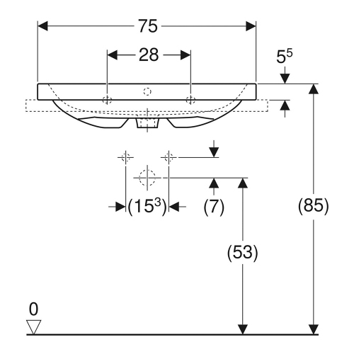 Immagine di Geberit ICON LIGHT lavabo da appoggio L.75 cm, con foro rubinetteria e troppopieno, lato inferiore e posteriore rettificato, colore bianco finitura opaco 501.848.JT.1