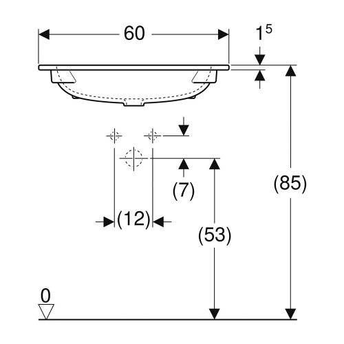 Immagine di Geberit ICON lavabo L.60 cm con bordo slim, sottolavabo, con foro rubinetteria, senza troppopieno, colore bianco finitura lucido 501.843.00.1