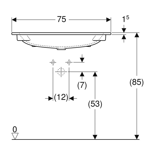 Immagine di Geberit ICON lavabo L.75 cm con bordo slim, sottolavabo, con foro rubinetteria, senza troppopieno, colore bianco finitura lucido 501.844.00.1