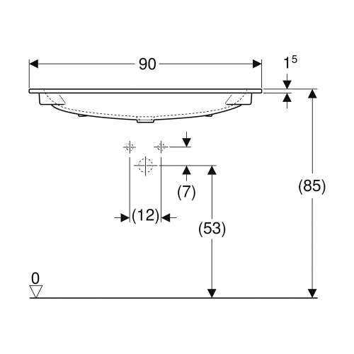 Immagine di Geberit ICON lavabo L.90 cm con bordo slim, sottolavabo, con foro rubinetteria, senza troppopieno, colore bianco finitura lucido 501.845.00.1