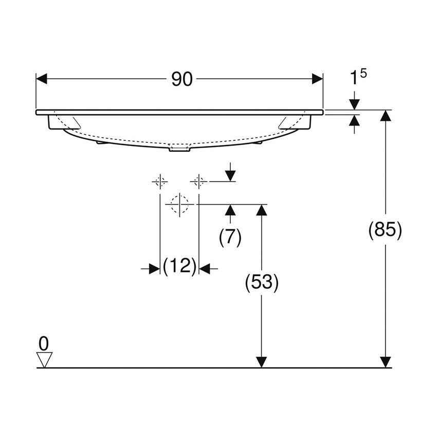 Immagine di Geberit ICON lavabo L.90 cm con bordo slim, sottolavabo, con foro rubinetteria, senza troppopieno, colore bianco finitura lucido 501.845.00.1