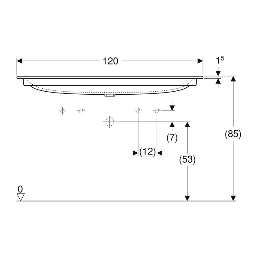 Immagine di Geberit ICON lavabo L.120 cm con bordo slim, sottolavabo, con 2 fori rubinetteria, senza troppopieno, colore bianco finitura lucido 501.846.00.1