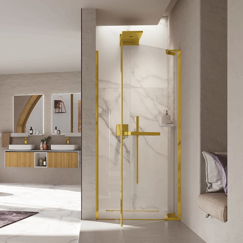 Immagine di Novellini RIGA G porta doccia con apertura 1 anta a battente L.100 cm, vetro trasparente, profilo finitura bronzo spazzolato RIGG99-1Q