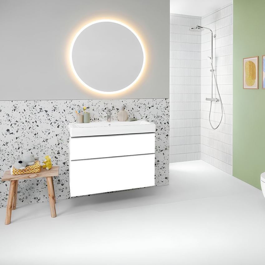 Immagine di Geberit ICON mobile sospeso L.75 cm per lavabo, con due cassetti a chiusura ammortizzata, maniglia colore bianco finitura opaco, corpo colore bianco finitura lucido 502.304.01.1