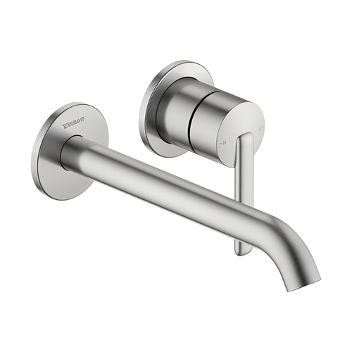 Immagine di Duravit BALCOON miscelatore monocomando P.23 cm per lavabo, a parete, MinusFlow, senza corpo incasso, finitura acciaio spazzolato BA1070004070