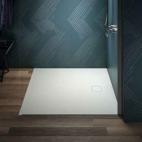 Immagine di Ideal Standard ULTRA FLAT EVO piatto doccia quadrato 120 cm, installazione sopra pavimento o filo pavimento, in StoneTech, antiscivolo, colore bianco seta finitura opaco T5531FO