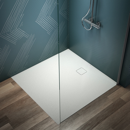 Immagine di Ideal Standard ULTRA FLAT EVO piatto doccia quadrato 120 cm, installazione sopra pavimento o filo pavimento, in StoneTech, antiscivolo, colore bianco seta finitura opaco T5531FO