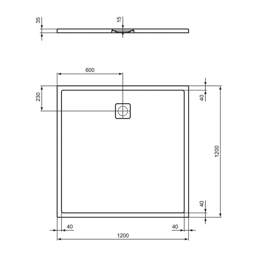 Immagine di Ideal Standard ULTRA FLAT EVO piatto doccia quadrato 120 cm, installazione sopra pavimento o filo pavimento, in StoneTech, antiscivolo, colore bianco seta finitura opaco T5531FO