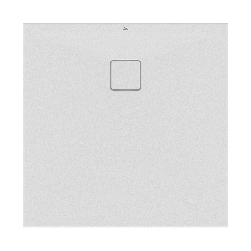 Immagine di Ideal Standard ULTRA FLAT EVO piatto doccia quadrato 90 cm, installazione sopra pavimento o filo pavimento, in StoneTech, antiscivolo, colore bianco seta finitura opaco T5425FO