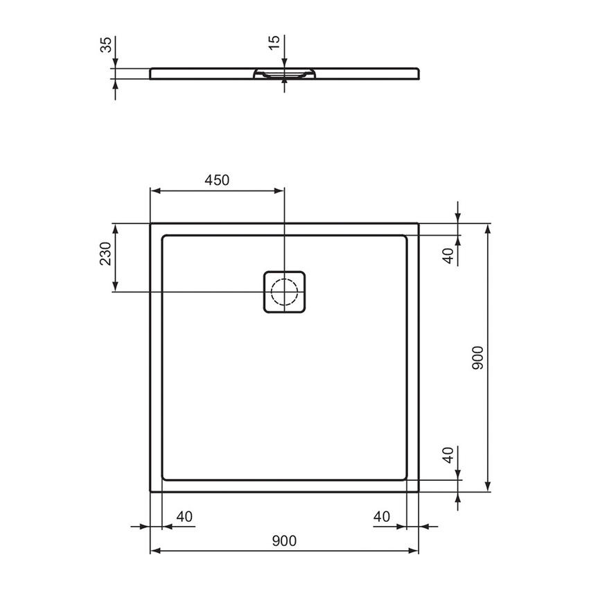 Immagine di Ideal Standard ULTRA FLAT EVO piatto doccia quadrato 90 cm, installazione sopra pavimento o filo pavimento, in StoneTech, antiscivolo, colore bianco seta finitura opaco T5425FO