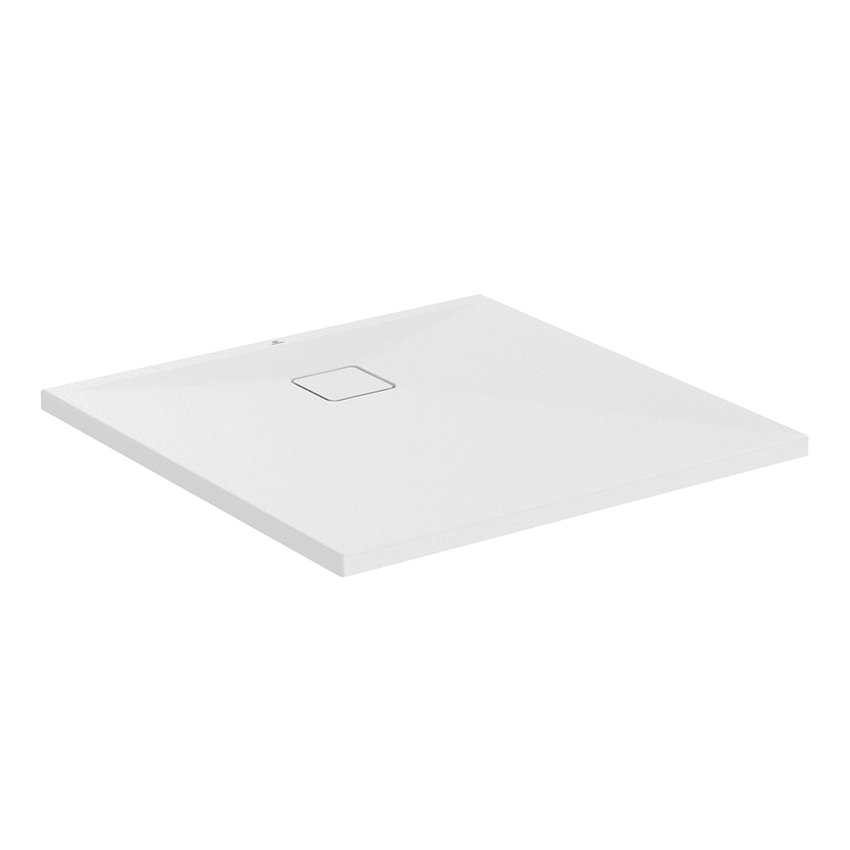 Immagine di Ideal Standard ULTRA FLAT EVO piatto doccia quadrato 90 cm, installazione sopra pavimento o filo pavimento, in StoneTech, antiscivolo, colore bianco seta finitura opaco T5425FO