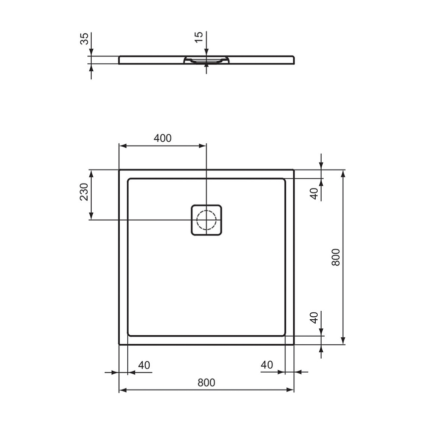 Immagine di Ideal Standard ULTRA FLAT EVO piatto doccia quadrato 80 cm, installazione sopra pavimento o filo pavimento, in StoneTech, antiscivolo, colore bianco seta finitura opaco T5426FO