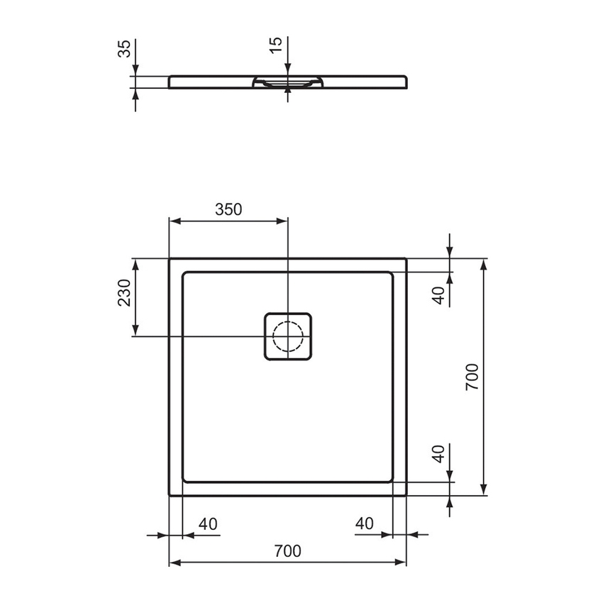 Immagine di Ideal Standard ULTRA FLAT EVO piatto doccia quadrato 70 cm, installazione sopra pavimento o filo pavimento, in StoneTech, antiscivolo, colore bianco seta finitura opaco T5427FO