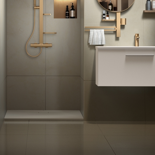 Immagine di Ideal Standard ULTRA FLAT EVO piatto doccia rettangolare L.120 P.100 cm, installazione sopra pavimento o filo pavimento, in StoneTech, antiscivolo, con scarico sul lato corto, colore bianco seta finitura opaco T5437FO