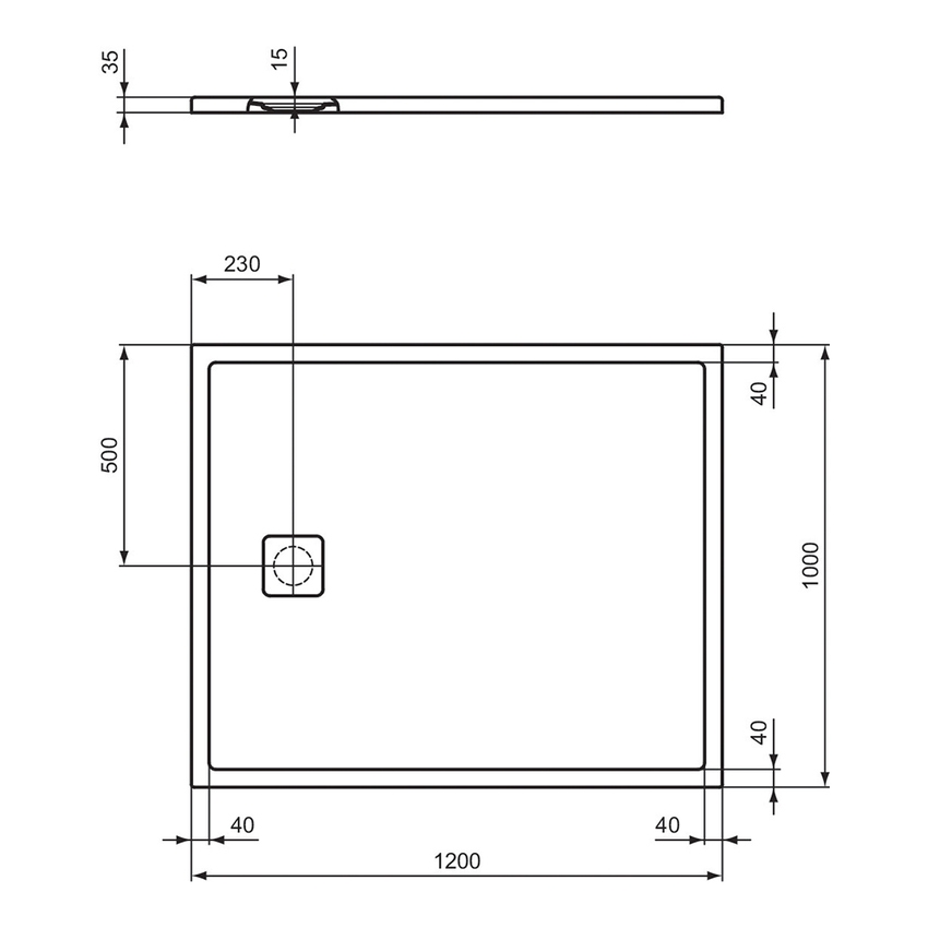 Immagine di Ideal Standard ULTRA FLAT EVO piatto doccia rettangolare L.120 P.100 cm, installazione sopra pavimento o filo pavimento, in StoneTech, antiscivolo, con scarico sul lato corto, colore bianco seta finitura opaco T5437FO