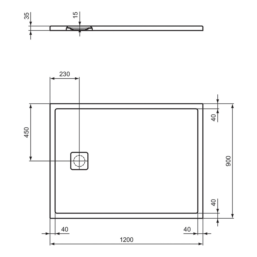 Immagine di Ideal Standard ULTRA FLAT EVO piatto doccia rettangolare L.120 P.90 cm, installazione sopra pavimento o filo pavimento, in StoneTech, antiscivolo, con scarico sul lato corto, colore bianco seta finitura opaco T5438FO