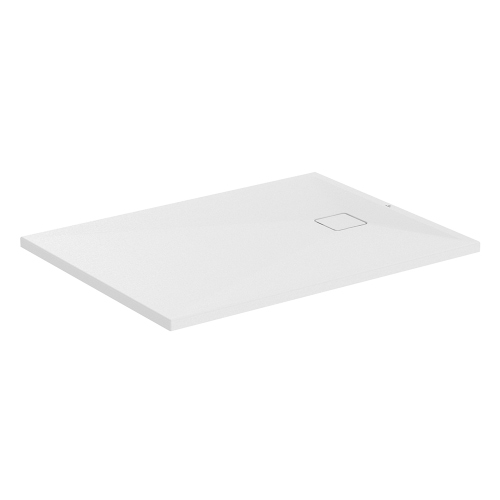 Immagine di Ideal Standard ULTRA FLAT EVO piatto doccia rettangolare L.120 P.90 cm, installazione sopra pavimento o filo pavimento, in StoneTech, antiscivolo, con scarico sul lato corto, colore bianco seta finitura opaco T5438FO