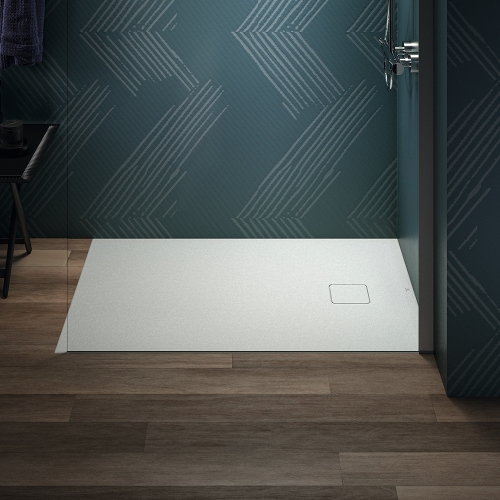 Immagine di Ideal Standard ULTRA FLAT EVO piatto doccia rettangolare L.120 P.80 cm, installazione sopra pavimento o filo pavimento, in StoneTech, antiscivolo, con scarico sul lato corto, colore bianco seta finitura opaco T5439FO