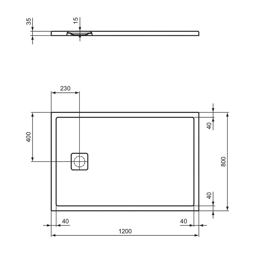 Immagine di Ideal Standard ULTRA FLAT EVO piatto doccia rettangolare L.120 P.80 cm, installazione sopra pavimento o filo pavimento, in StoneTech, antiscivolo, con scarico sul lato corto, colore bianco seta finitura opaco T5439FO
