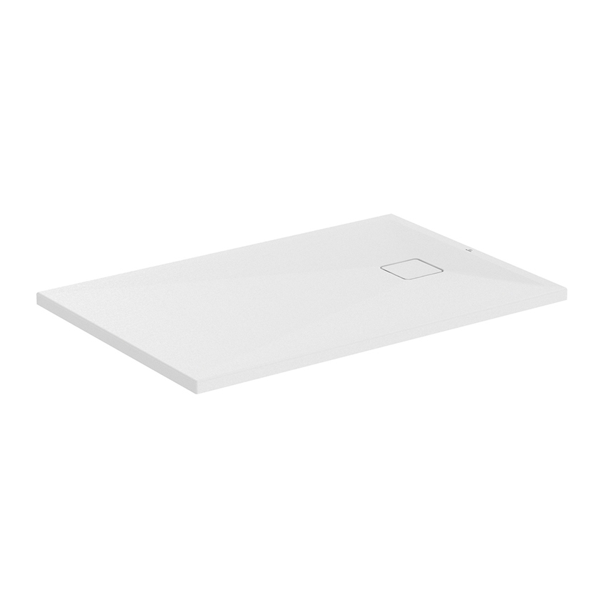Immagine di Ideal Standard ULTRA FLAT EVO piatto doccia rettangolare L.120 P.80 cm, installazione sopra pavimento o filo pavimento, in StoneTech, antiscivolo, con scarico sul lato corto, colore bianco seta finitura opaco T5439FO