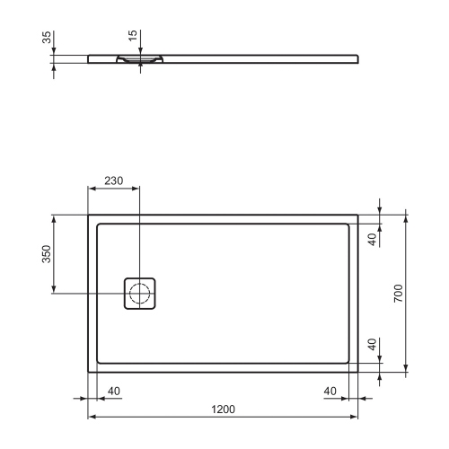 Immagine di Ideal Standard ULTRA FLAT EVO piatto doccia rettangolare L.120 P.70 cm, installazione sopra pavimento o filo pavimento, in StoneTech, antiscivolo, con scarico sul lato corto, colore bianco seta finitura opaco T5440FO