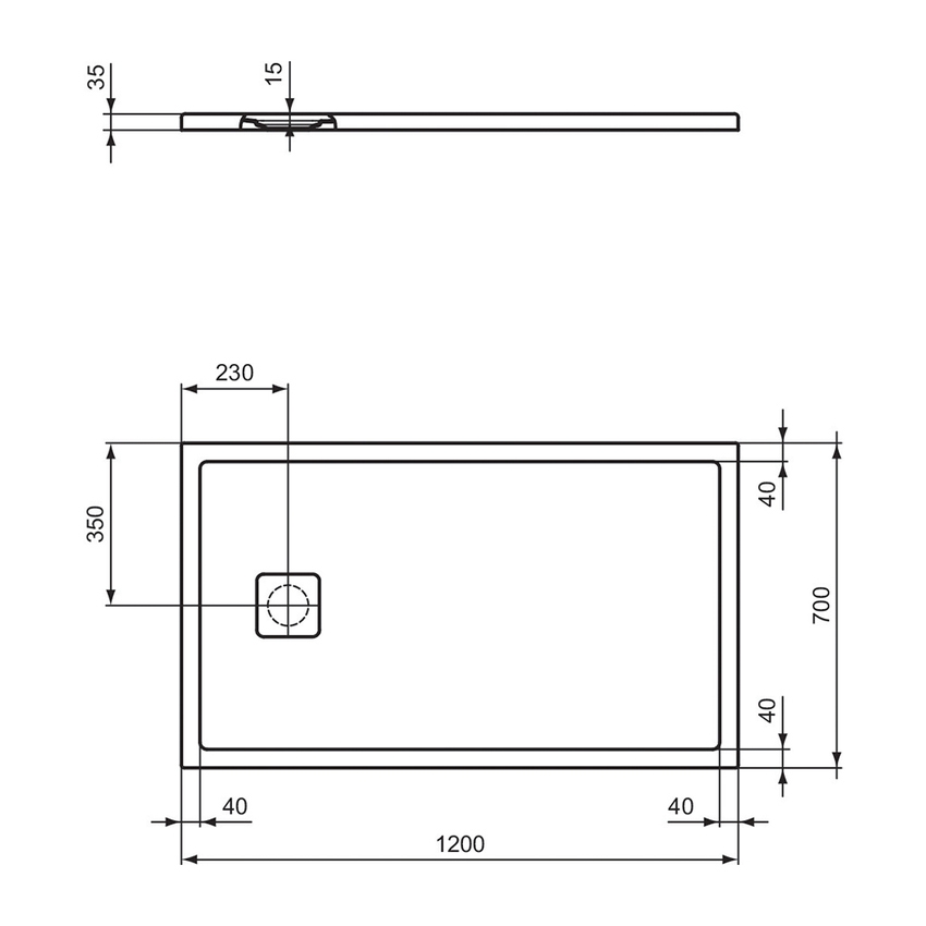 Immagine di Ideal Standard ULTRA FLAT EVO piatto doccia rettangolare L.120 P.70 cm, installazione sopra pavimento o filo pavimento, in StoneTech, antiscivolo, con scarico sul lato corto, colore bianco seta finitura opaco T5440FO
