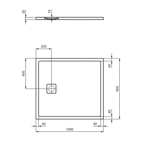 Immagine di Ideal Standard ULTRA FLAT EVO piatto doccia rettangolare L.100 P.90 cm, installazione sopra pavimento o filo pavimento, in StoneTech, antiscivolo, con scarico sul lato corto, colore bianco seta finitura opaco T5441FO