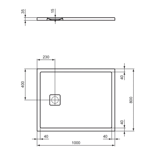 Immagine di Ideal Standard ULTRA FLAT EVO piatto doccia rettangolare L.100 P.80 cm, installazione sopra pavimento o filo pavimento, in StoneTech, antiscivolo, con scarico sul lato corto, colore bianco seta finitura opaco T5442FO