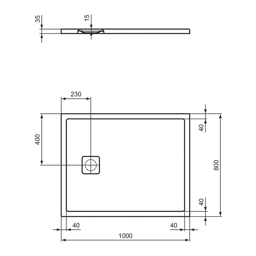 Immagine di Ideal Standard ULTRA FLAT EVO piatto doccia rettangolare L.100 P.80 cm, installazione sopra pavimento o filo pavimento, in StoneTech, antiscivolo, con scarico sul lato corto, colore bianco seta finitura opaco T5442FO