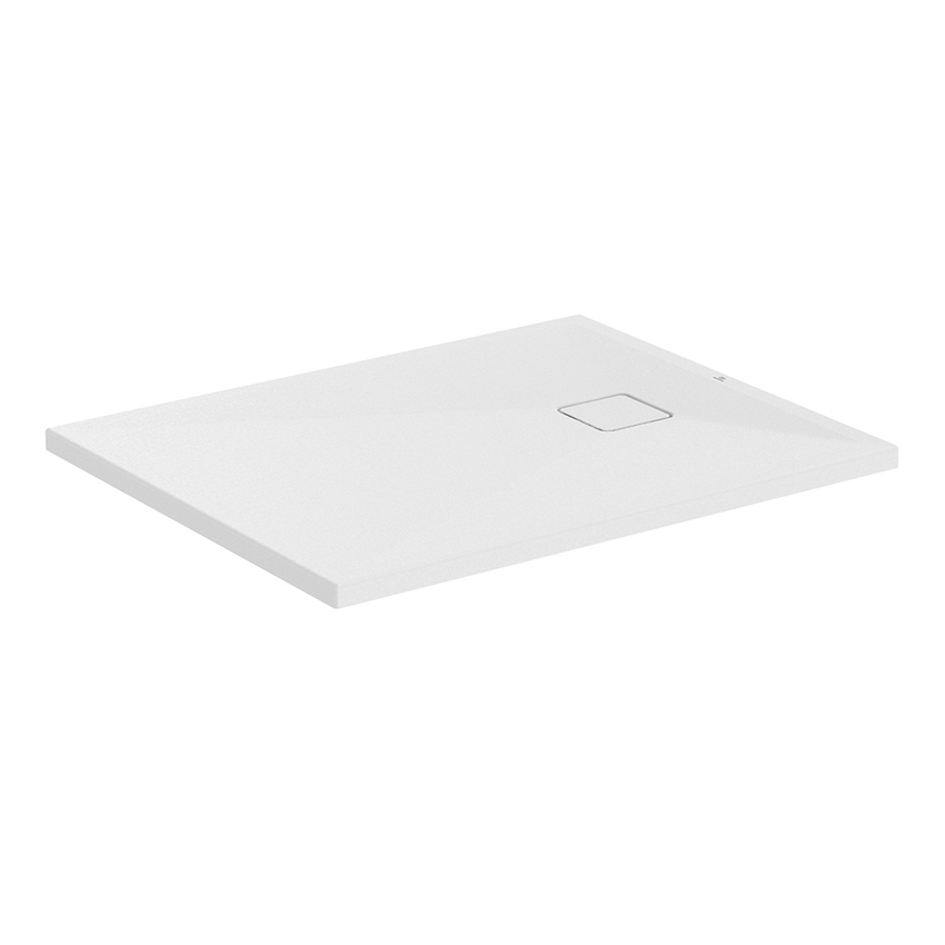 Immagine di Ideal Standard ULTRA FLAT EVO piatto doccia rettangolare L.100 P.80 cm, installazione sopra pavimento o filo pavimento, in StoneTech, antiscivolo, con scarico sul lato corto, colore bianco seta finitura opaco T5442FO