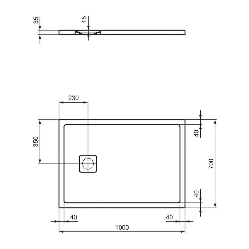 Immagine di Ideal Standard ULTRA FLAT EVO piatto doccia rettangolare L.100 P.70 cm, installazione sopra pavimento o filo pavimento, in StoneTech, antiscivolo, con scarico sul lato corto, colore bianco seta finitura opaco T5443FO