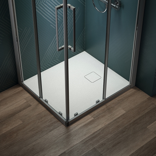 Immagine di Ideal Standard ULTRA FLAT EVO piatto doccia rettangolare L.90 P.75 cm, installazione sopra pavimento o filo pavimento, in StoneTech, antiscivolo, con scarico sul lato corto, colore bianco seta finitura opaco T5445FO